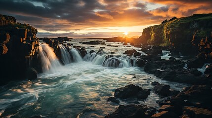a waterfall in the countryside of iceland at sunset, in the style of xp, eye-catching, expansive, green, pretty, tropical symbolism, ambitious
