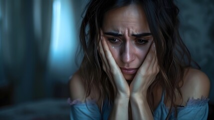 A woman holding her hand while crying close to an empty room,