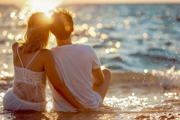 Rear view of a young couple sitting by the sea and looking together into the low sun.