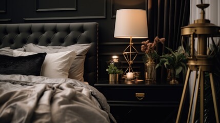 Stylish black and gold bedroom with a lamp and a bed. Perfect for interior design concepts