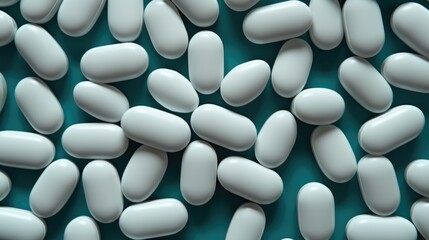 A pile of white pills on a blue surface, suitable for medical concepts