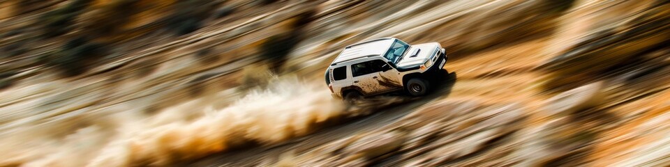 SUV tackling a steep off-road trail, fast and focused movement, blurred rocky landscape - obrazy, fototapety, plakaty