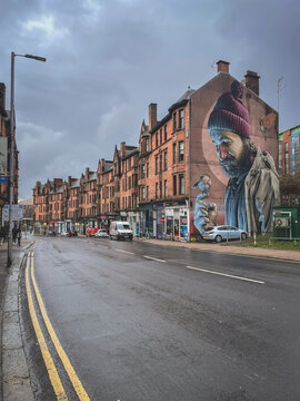 St Mungo Mural. Famous painting in Glasgow, Scotland. Januari 3 2024.