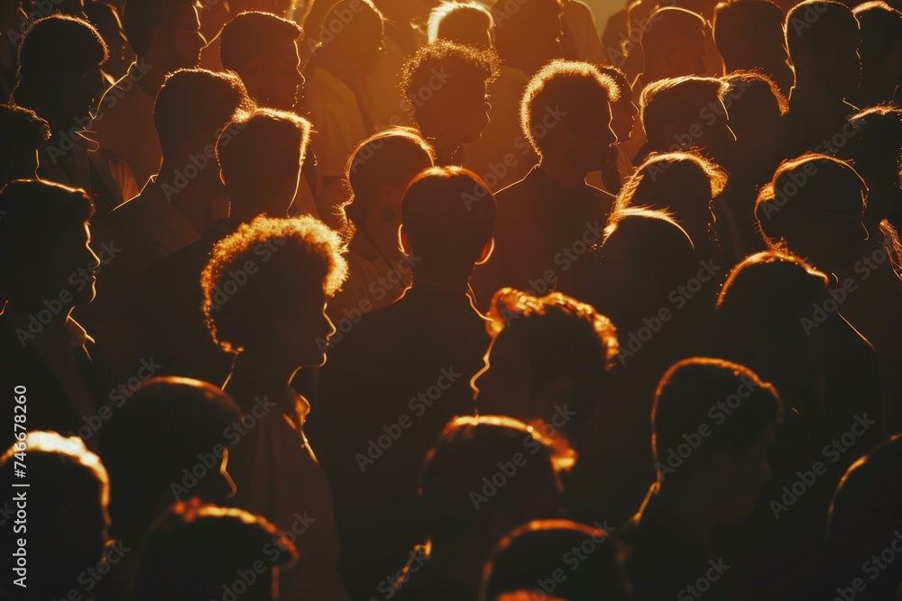 Poster a crowd of people gathered in front of a bright light source. suitable for various concepts and them
