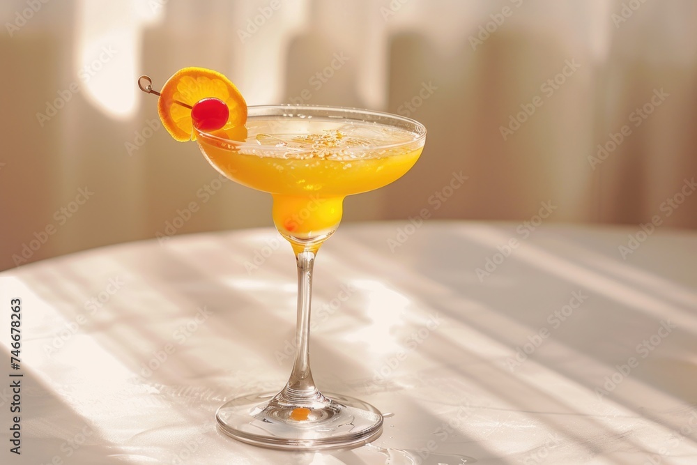 Poster a glass filled with a drink on a table, suitable for various concepts and designs