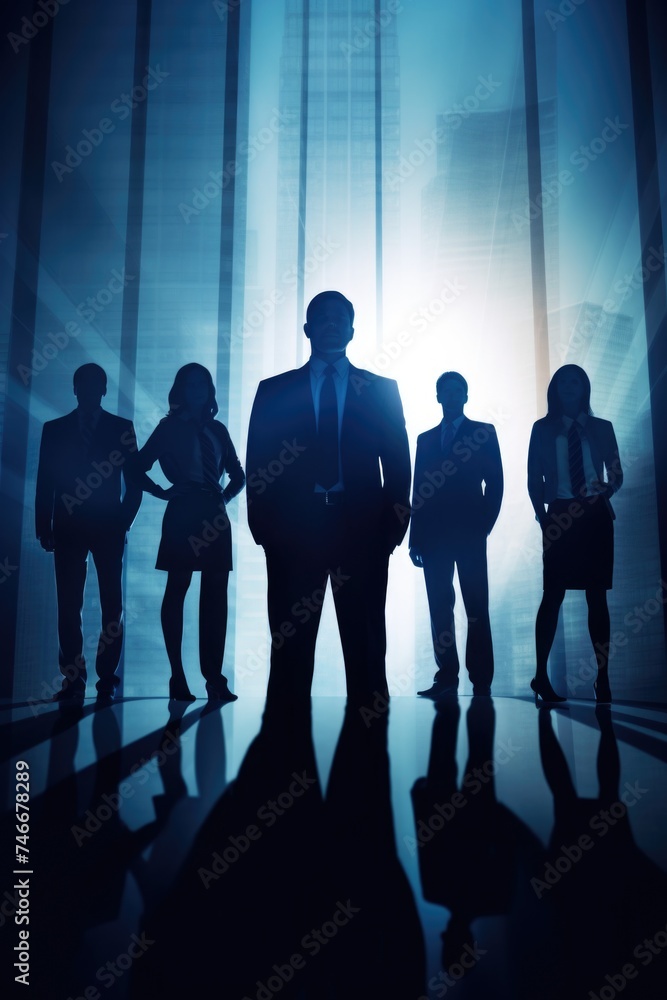 Poster a group of business people standing in front of a window. suitable for corporate presentations