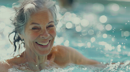 dame du troisième age faisant un séance d'aquagym dans une piscine chauffée, heureuse et souriante - obrazy, fototapety, plakaty