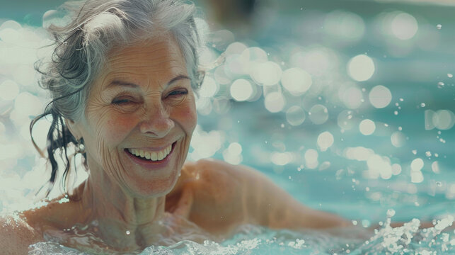 dame du troisième age faisant un séance d'aquagym dans une piscine chauffée, heureuse et souriante
