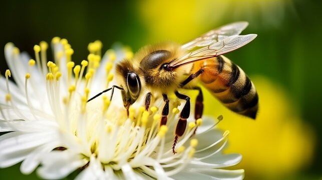 Closeup of honey bee collecting pollen and nectar on white blooming flower in nature against green dandelion background