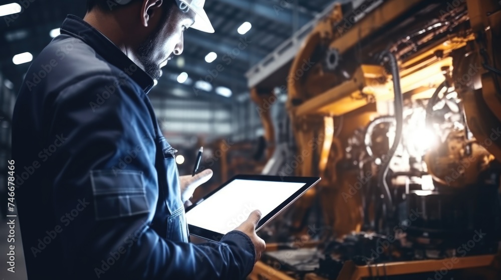 Aufkleber A man in a hard hat using a tablet. Suitable for construction and technology concepts
