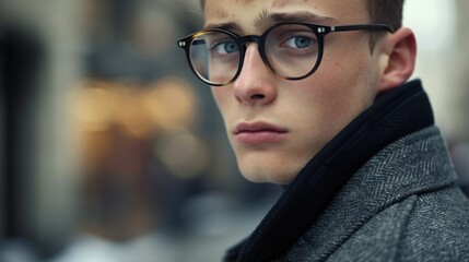 A young man wearing glasses and a scarf, suitable for lifestyle blogs and fashion websites