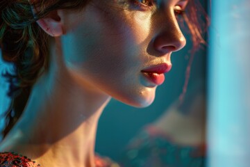 Fototapeta premium Close up of a woman's face reflecting in a mirror, perfect for beauty and skincare concepts