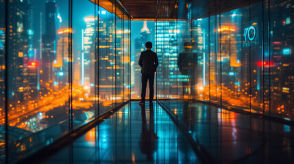 Fototapeta na wymiar Downtown Night Elegance Rear View Silhouette of a Businessman Amidst City Lights.