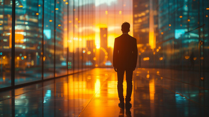 Nighttime City Shadows Rear View Silhouette of a Businessman in Urban Twilight.