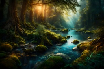 A mythical river flowing through a vibrant forest, its waters shimmering with an otherworldly...