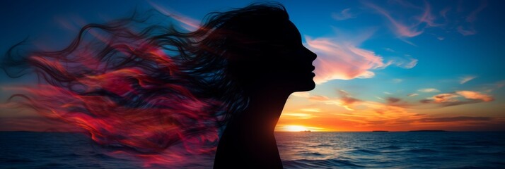 Double exposure of womans silhouette with mesmerizing ocean sunset view, serene beach vibes