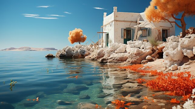 a white house on the coast by the sea, in the style of  landscapes, emerald and azure, 32k uhd, lively nature scenes, red and azure, nature-inspired, seapunk