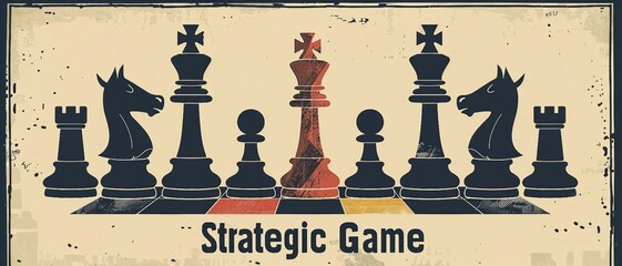 an illustration for the term of Strategic Game where the text is positioned alongside an icon representing a chessboard with strategically placed game pieces. 
