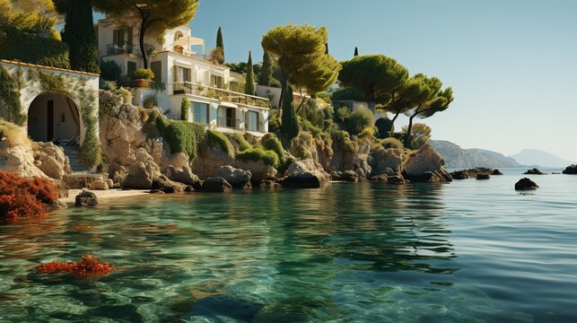 a white house on the coast by the sea, in the style of  landscapes, emerald and azure, 32k uhd, lively nature scenes, red and azure, nature-inspired, seapunk