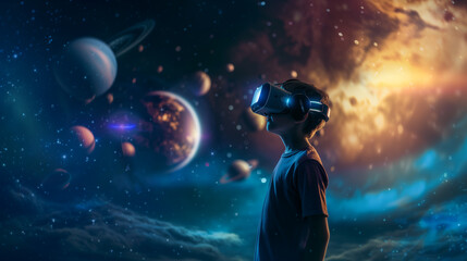 Tech-Savvy Explorer Kid Studies Solar System in VR