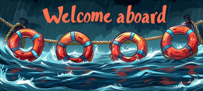 Cartoon lifebuoy with ropes vector illustration on white background with  welcome aboard  text