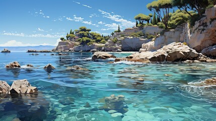 a white sandy beach with clear water in the distance, landscapes, spectacular backdrops, coastal views, dark blue and teal, 32k uhd, crystalline and geological forms - obrazy, fototapety, plakaty
