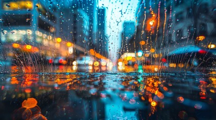 Glistening city after rain with reflections on streets - obrazy, fototapety, plakaty