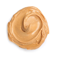Sample of tasty nut butter isolated on white, top view
