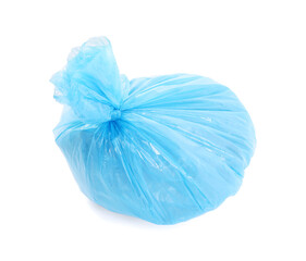 Blue plastic garbage bag isolated on white, top view