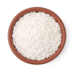 Fototapeta na wymiar Tapioca pearls in bowl isolated on white, top view