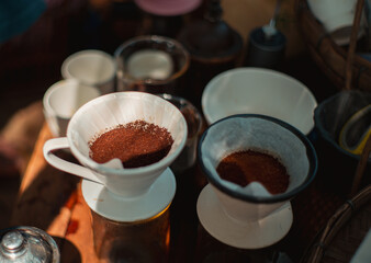 Drip coffee,Dripping coffee on a table at a country cafe.