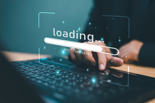 Internet loading speed performance on computer screen. High speed web connection. Fast internet connection technology concept. Programmer people work with laptop screen of Internet speed measurement