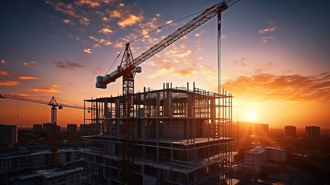 Cranes and building construction.Construction and real estate industry. Sunset and foundation structure of houses