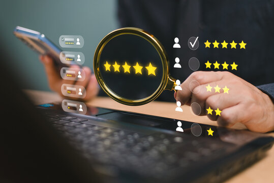 Customer review satisfaction feedback survey concept. User give five happy smile face rate to business service excellent experience on magnify glass. Client evaluate five star of service reputation .