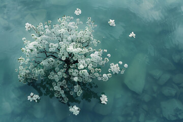 white blossom tree tree in the water in the style of  - obrazy, fototapety, plakaty
