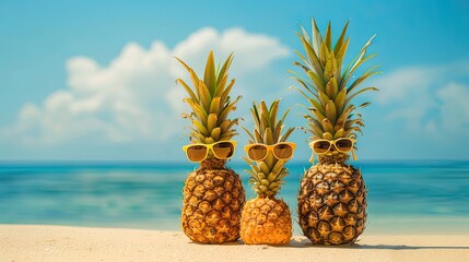 funny pineapples in children's cheerful sunglasses on the sand against the turquoise sea.