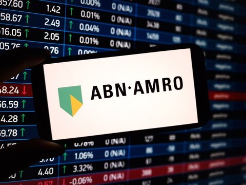 Konskie, Poland - February 24, 2024: ABN AMRO company logo displayed on mobile phone