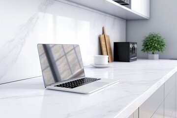 Blurred view of laptop on white marble countertop in modern kitchen.