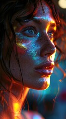 a woman has a rainbow of colors running around and a light in her eyes, in the style of realistic anatomies, celestialpunk, light black and blue, circuitry, animated gifs, chalk