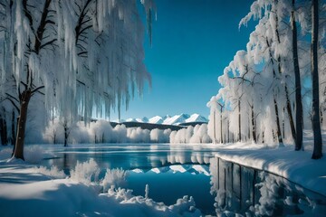 A frozen lake surrounded by crystalline trees, each one casting a unique, captivating reflection. - obrazy, fototapety, plakaty