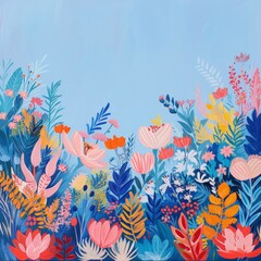 Floral and Plant Painting on Blue Background