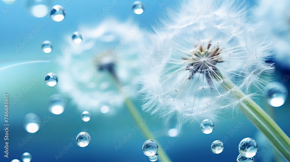 Poster dandelion flower in droplets of water dew on a blue colored background with a mirror reflection of a