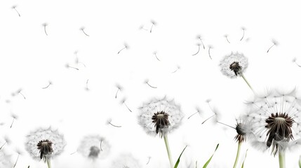Dandelion flowers and flying seeds. Isolated on white