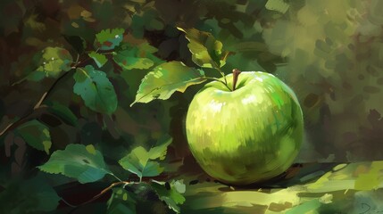 Green Apple on Branch Painting
