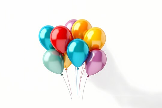 A festive scene of birthday balloons on a clean white background, designed as a mockup with generous copy space, photographed in high definition for a realistic and celebratory image