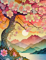 Cherry blossom trees and branches, in a cut paper collage style.