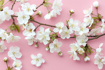 white cherry blossoms with buds on a pink background 