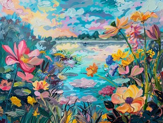 Flowers Painting Beside Water
