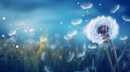 Dandelion seeds blowing wind, dreamy magical image with blue tones