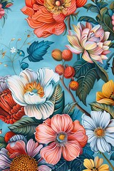 Fototapeta na wymiar Flower Painting on Blue Background